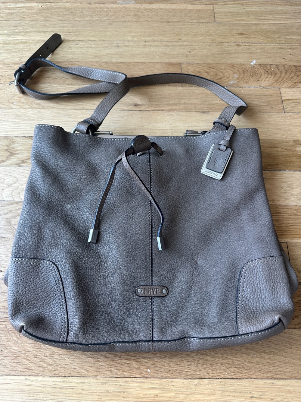 Frye Gray Pebbled Leather Drawstring Shoulder Bag